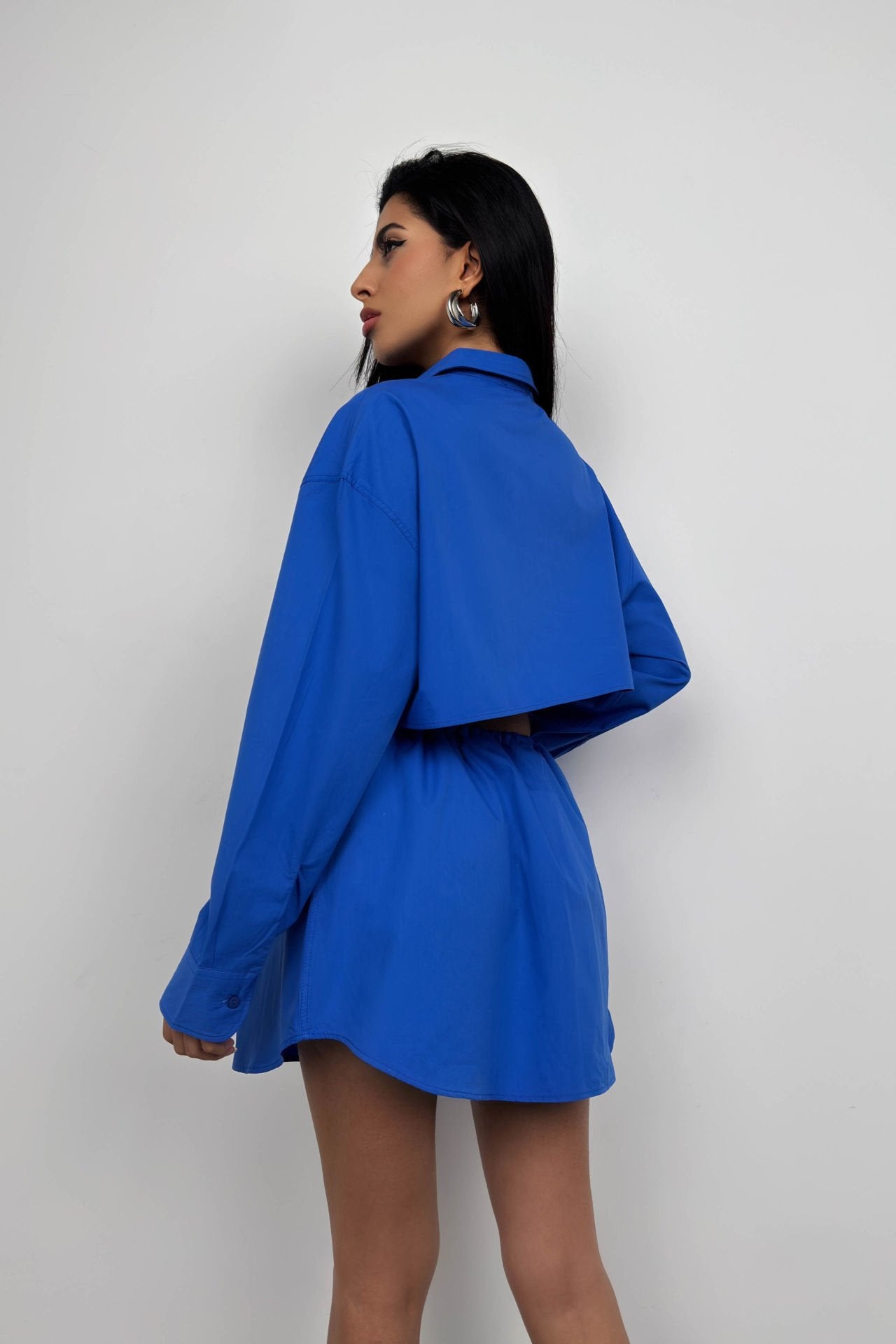 Oversized Blue Crop Top with Double-Breasted Collar