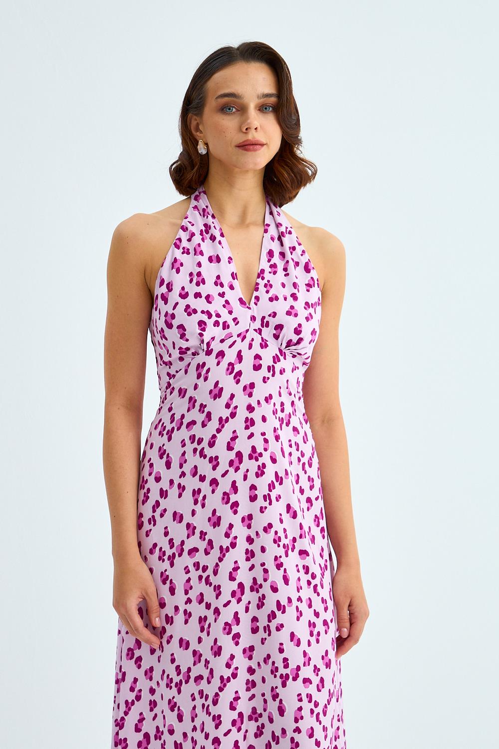 Patterned Detailed Halter Neckline Lilac Midi Dress