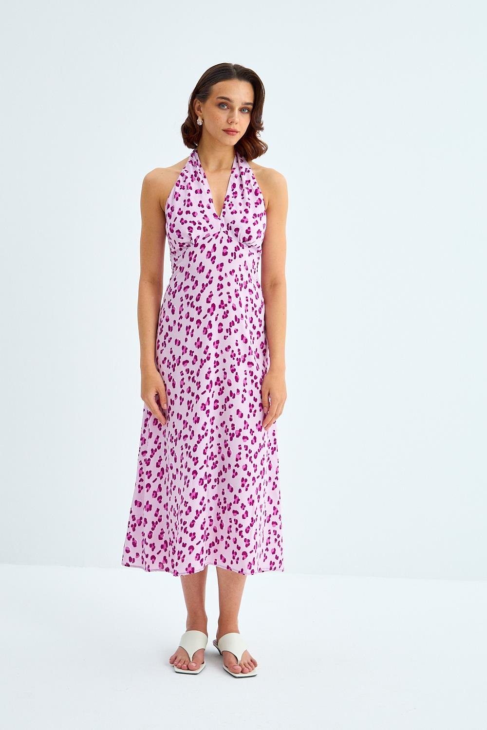 Patterned Detailed Halter Neckline Lilac Midi Dress