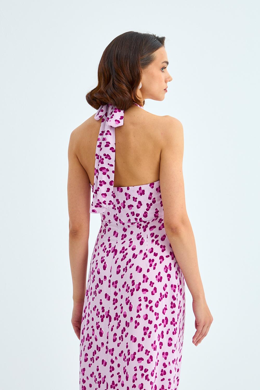 Patterned Detailed Halter Neckline Lilac Midi Dress