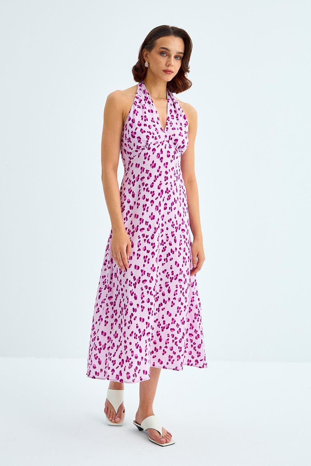 Patterned Detailed Halter Neckline Lilac Midi Dress