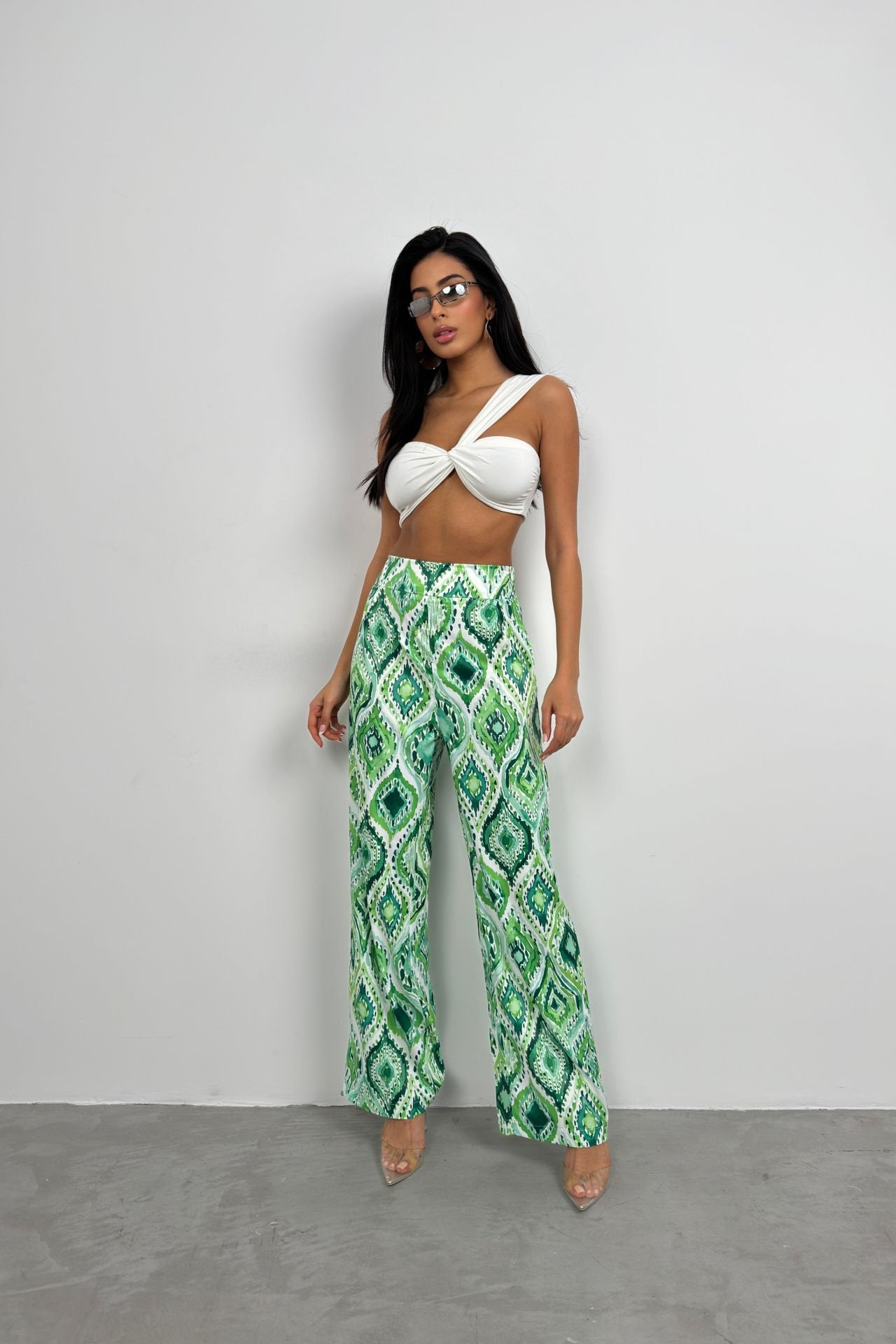 Patterned Satin Green Trousers