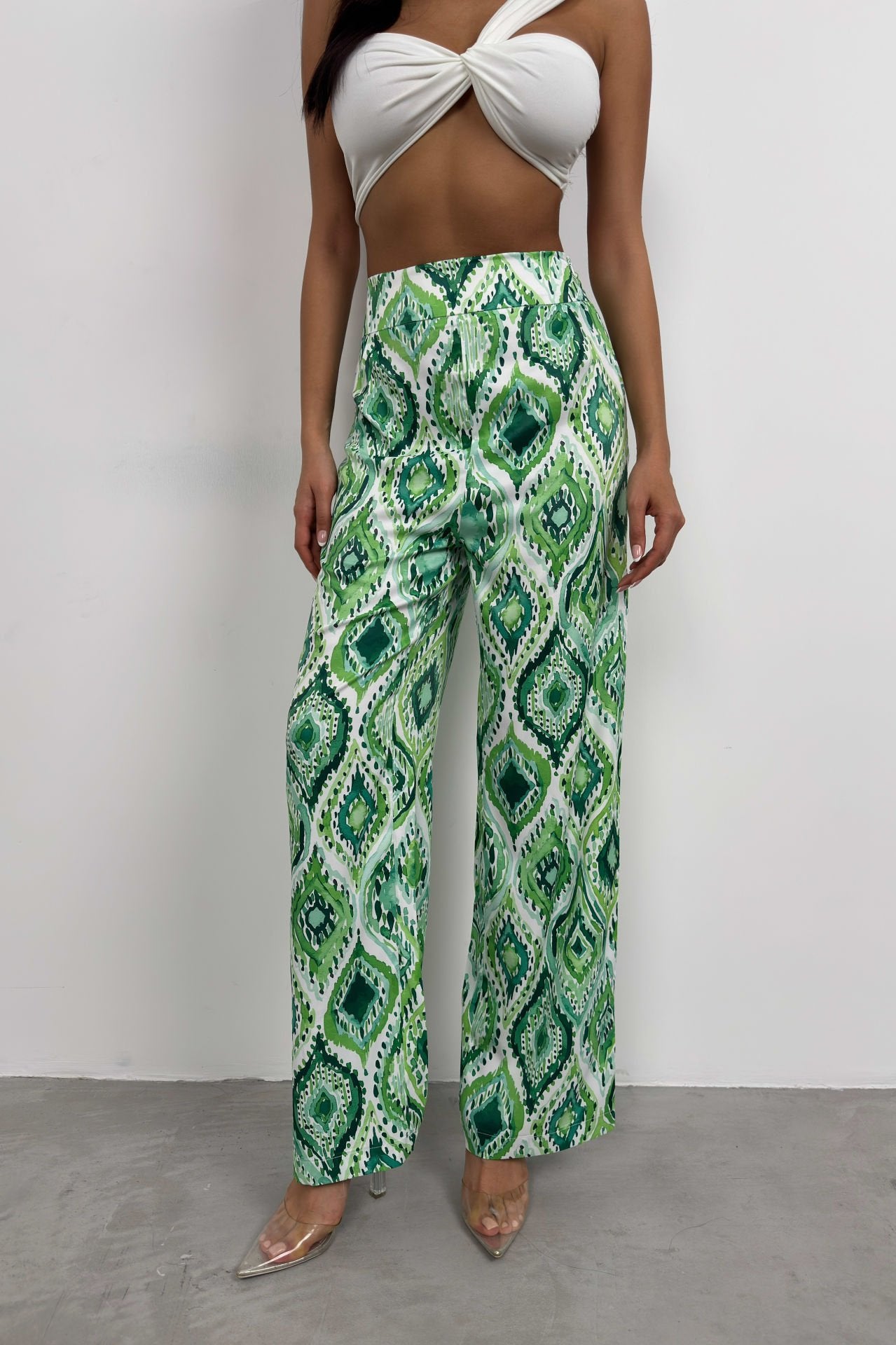 Patterned Satin Green Trousers