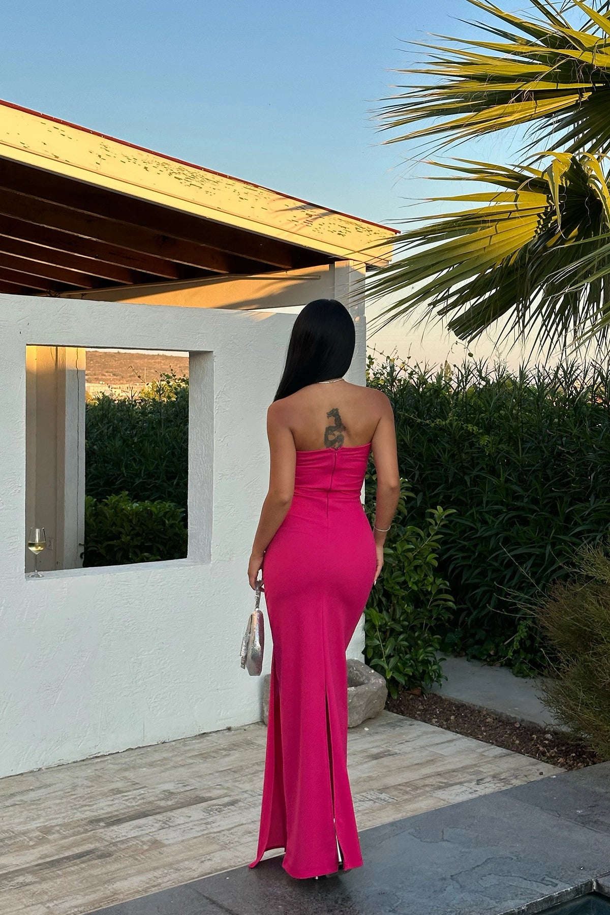 Stone Detailed Fuchsia Maxi Dress