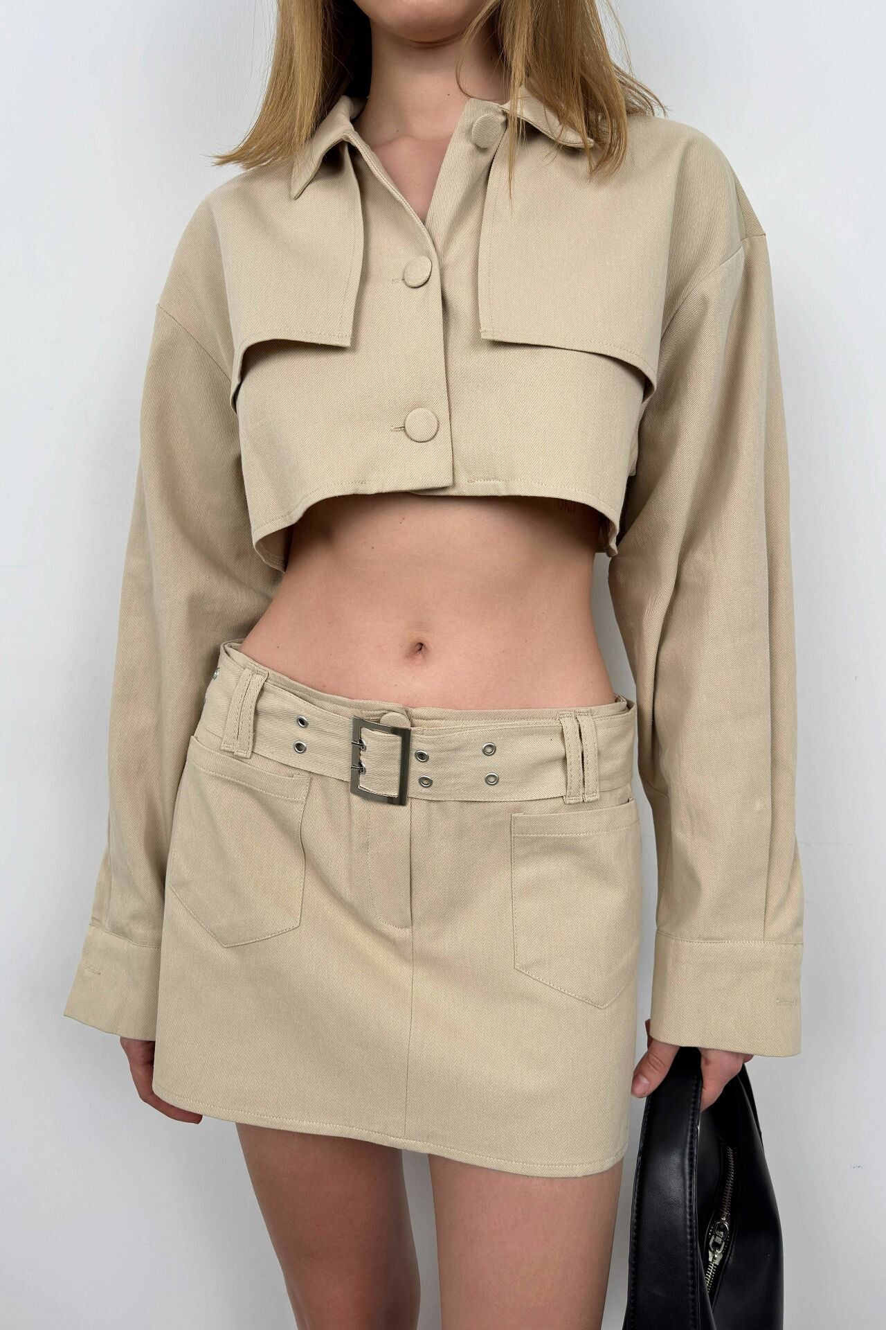 Button-Front Beige Cropped Jacket for Women