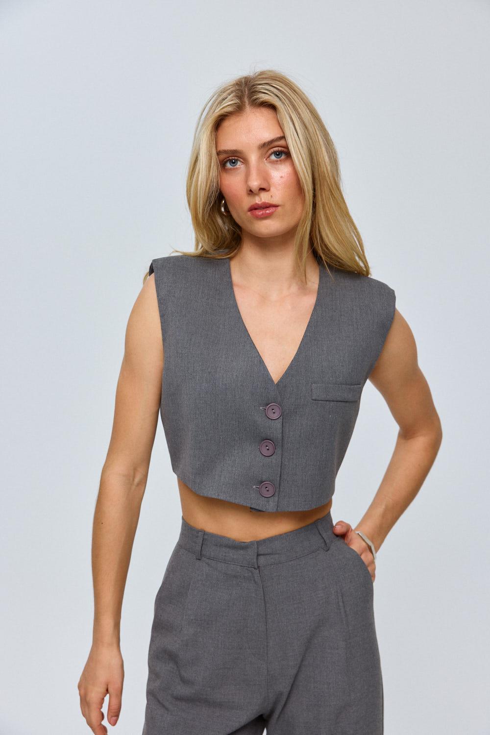 Buttoned Smoked Cropped Vest for Women