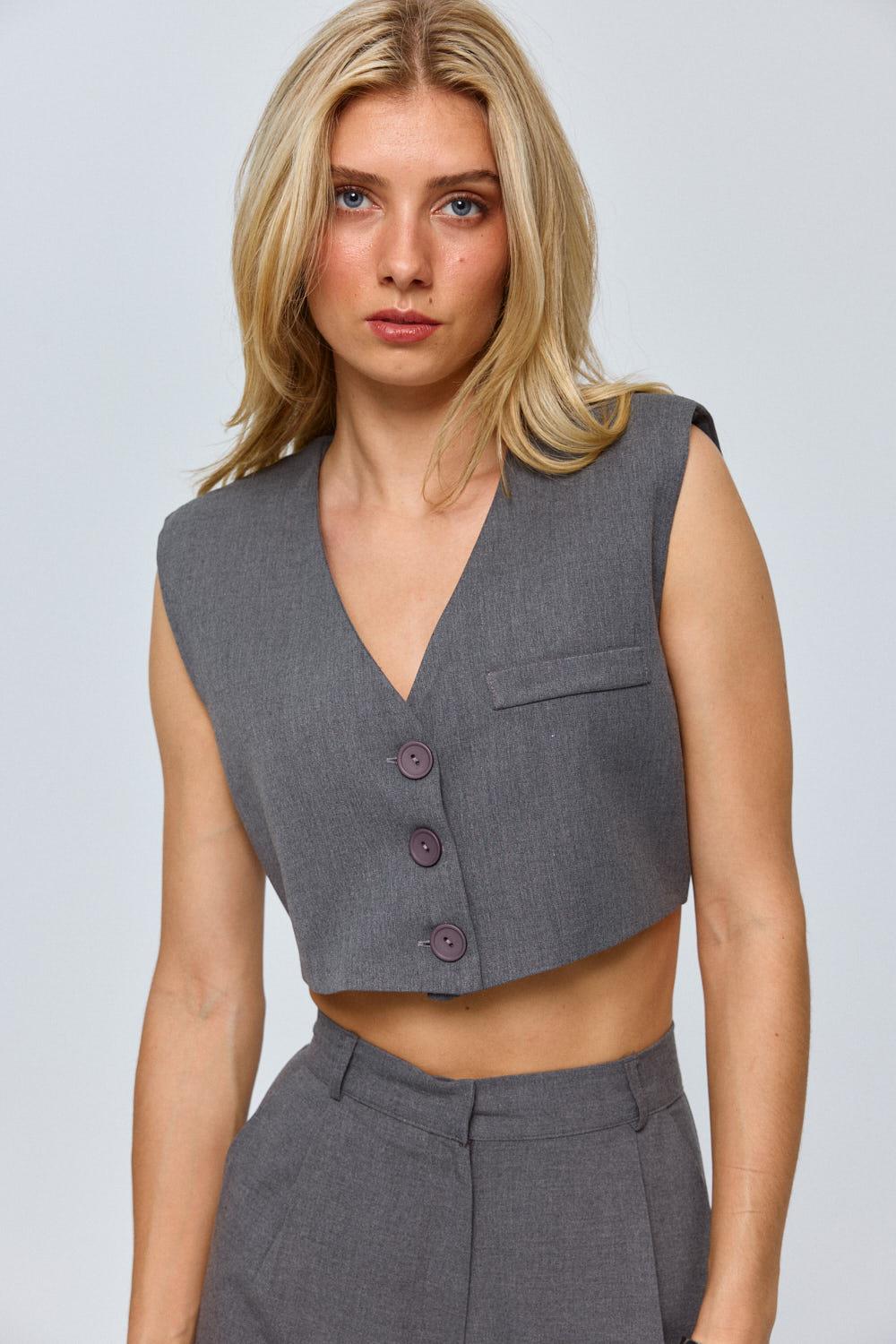 Buttoned Smoked Cropped Vest for Women