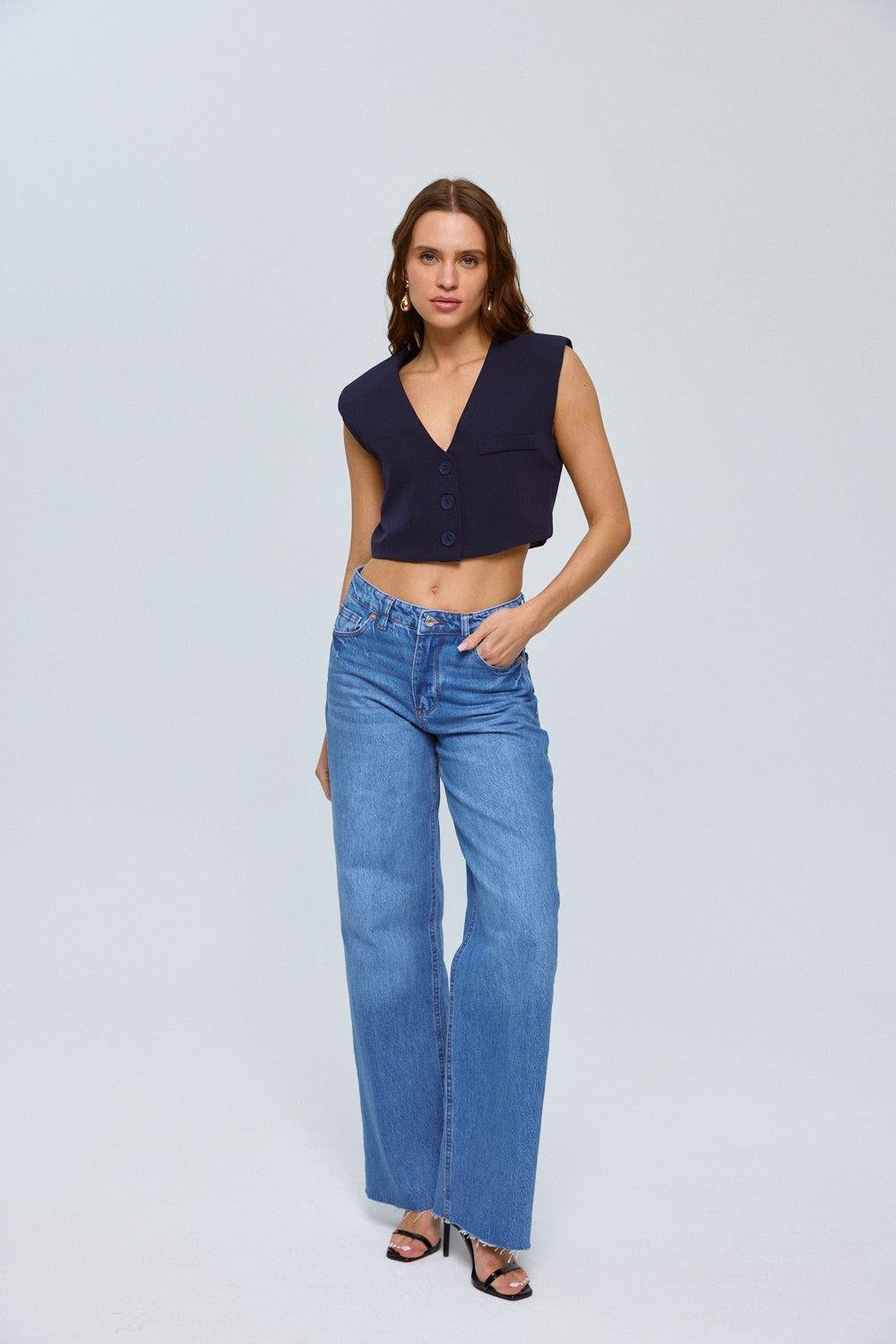 Knopf Cropped Marineblau Weste für Frauen