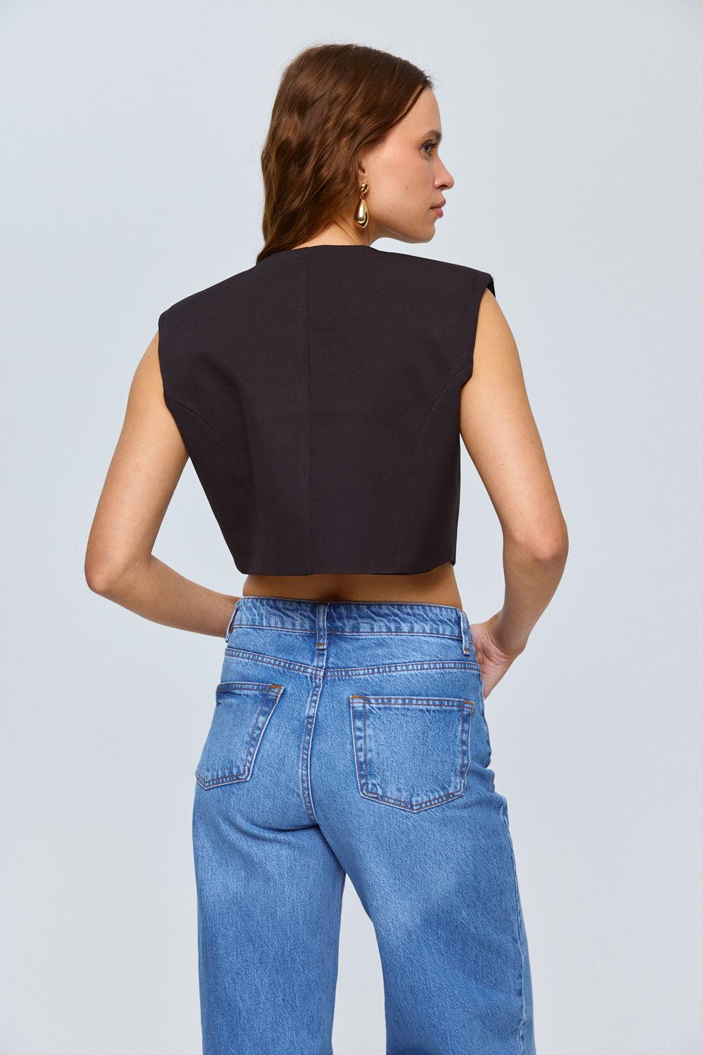 Button Detailed Cropped Black Vest for Women