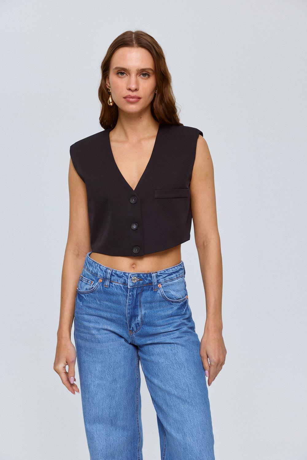 Button Detailed Cropped Black Vest for Women