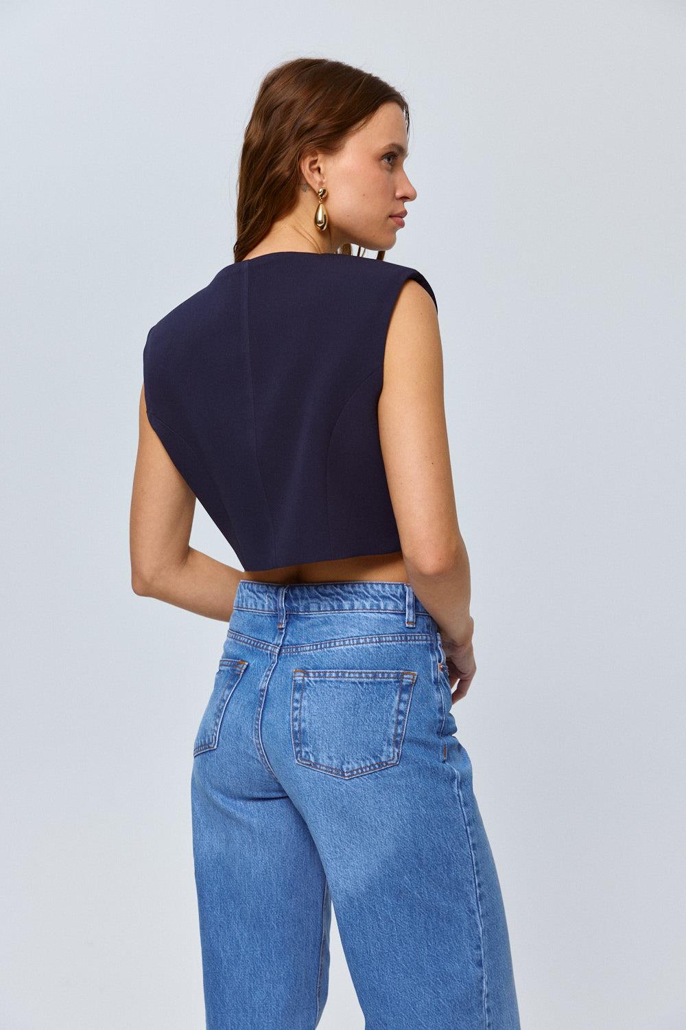 Knopf Cropped Marineblau Weste für Frauen