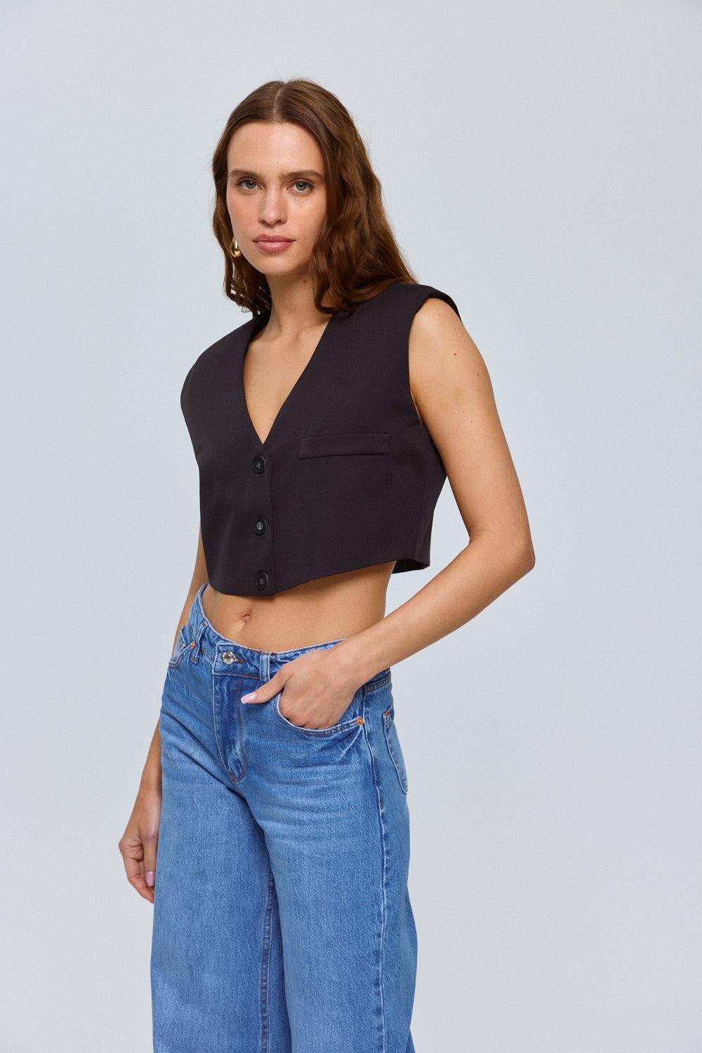 Button Detailed Cropped Black Vest for Women