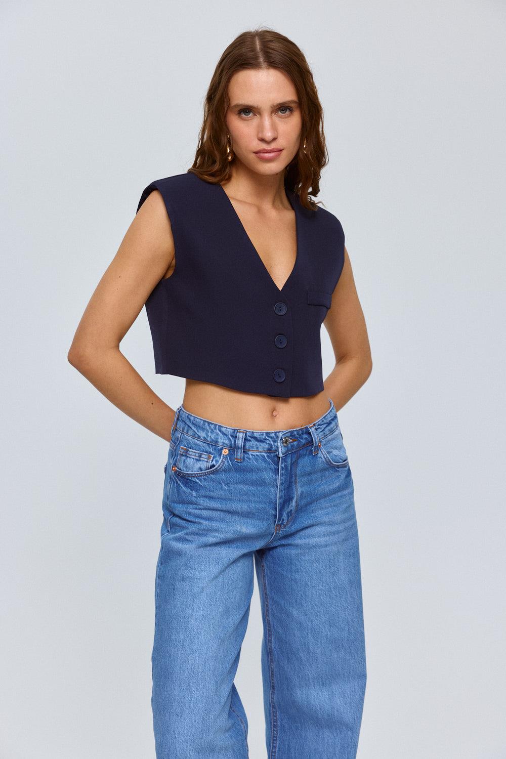 Buttoned Cropped Navy Blue Vest for Women