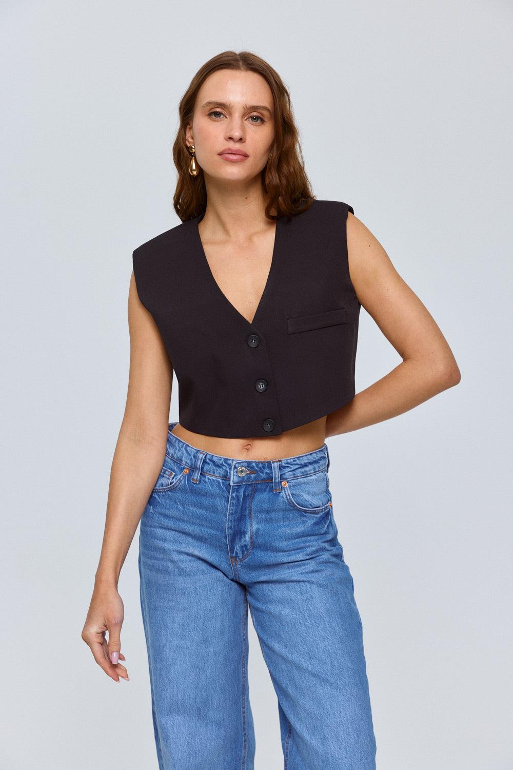 Button Detailed Cropped Black Vest for Women