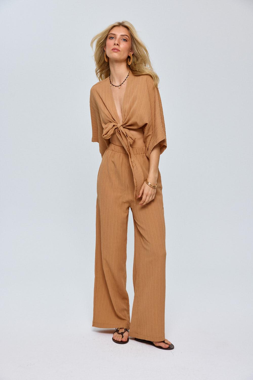 Knot Detailed Camel Trousers Suit for Women