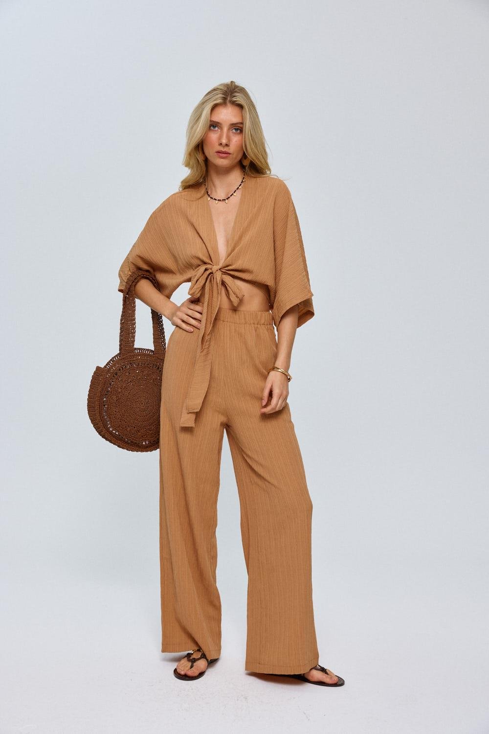 Knot Detailed Camel Trousers Suit for Women