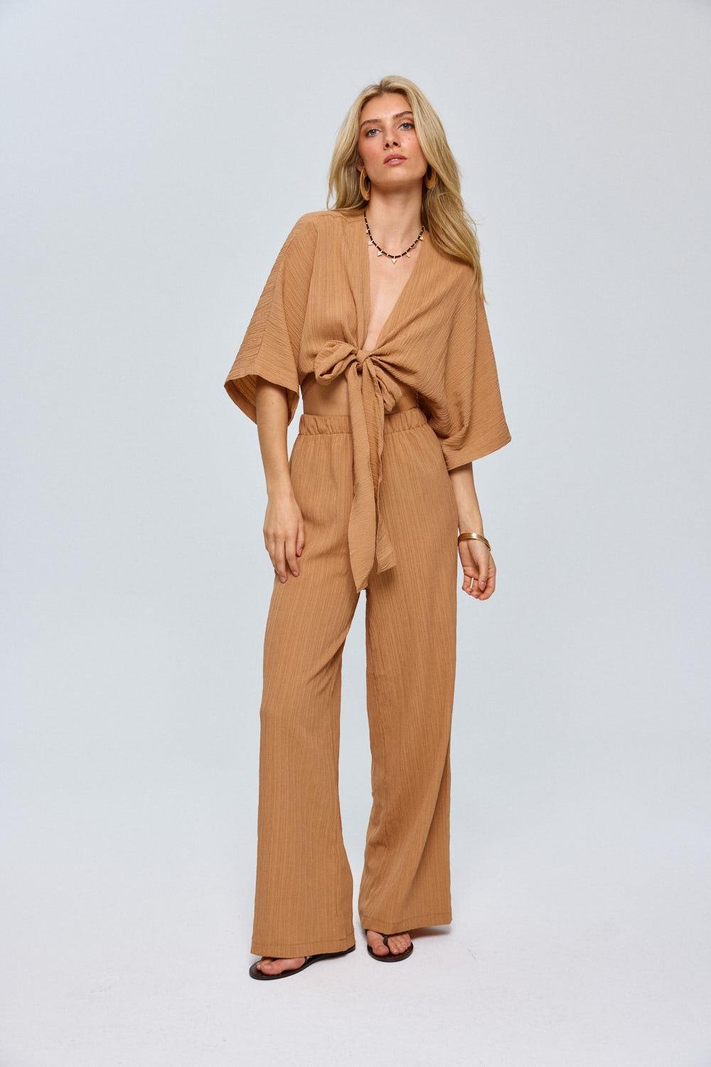 Knot Detailed Camel Trousers Suit for Women