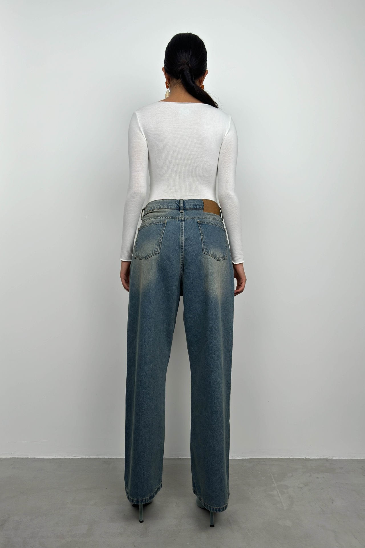 Low Waist Double Button Blue Wide Leg Jean