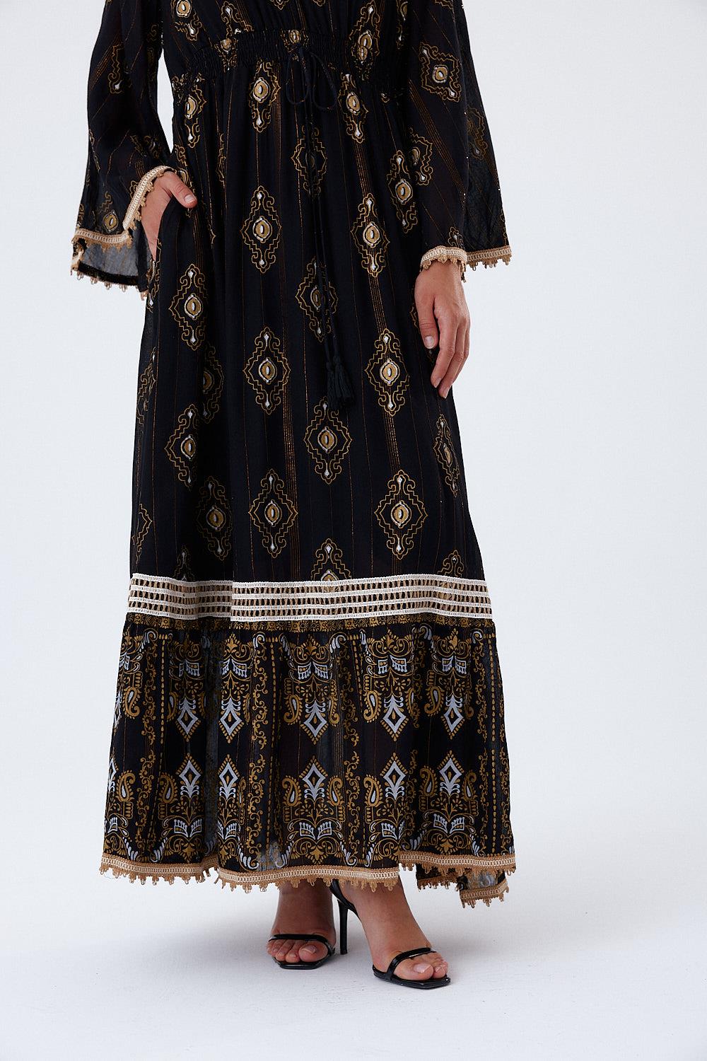 Ethnic Patterned Black Maxi Dress