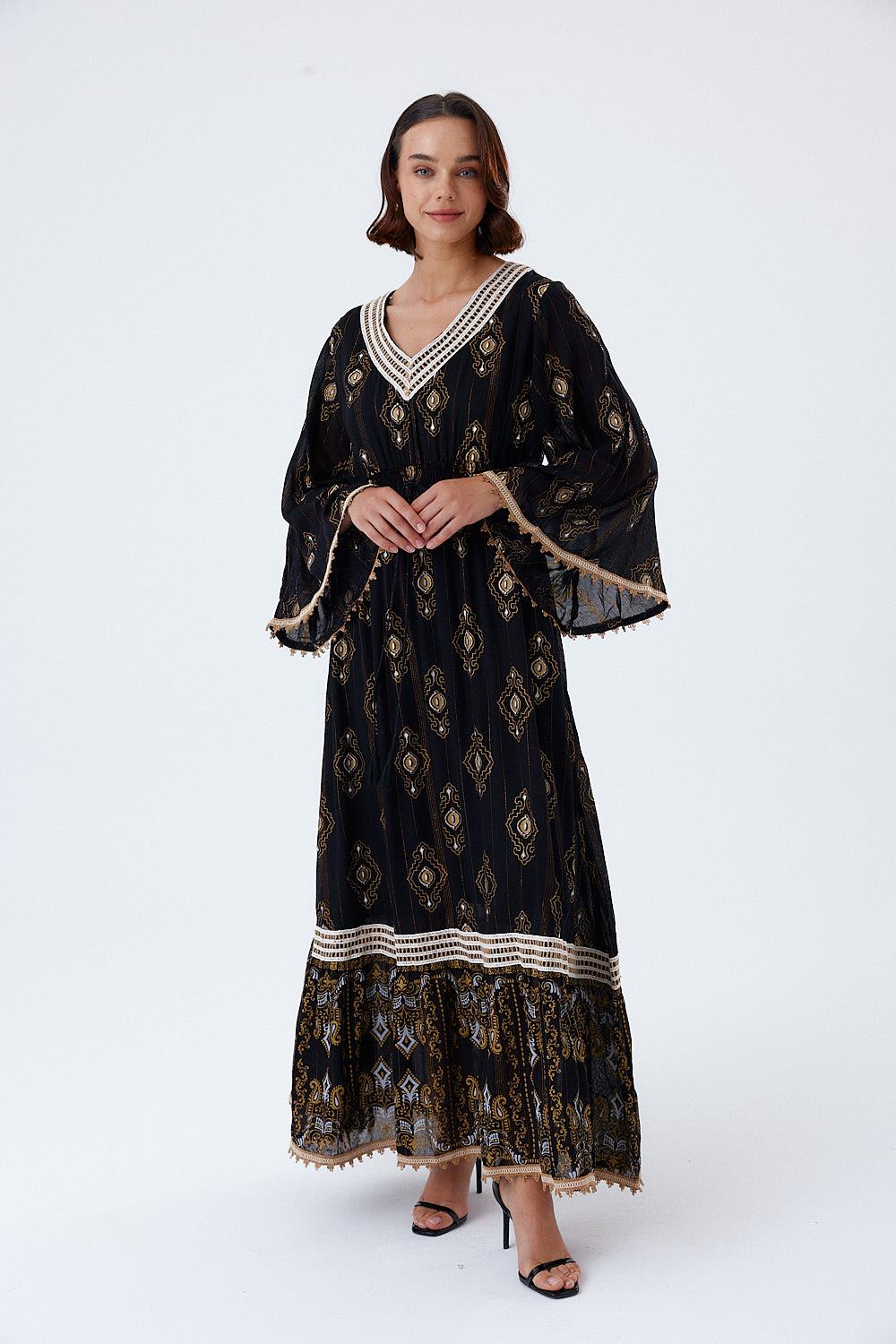 Ethnic Patterned Black Maxi Dress