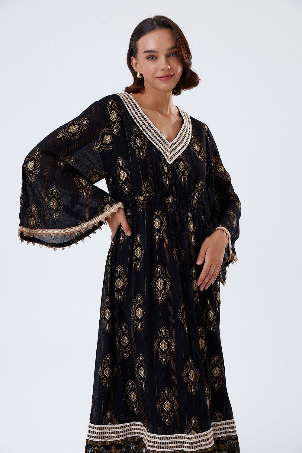 Ethnic Patterned Black Maxi Dress