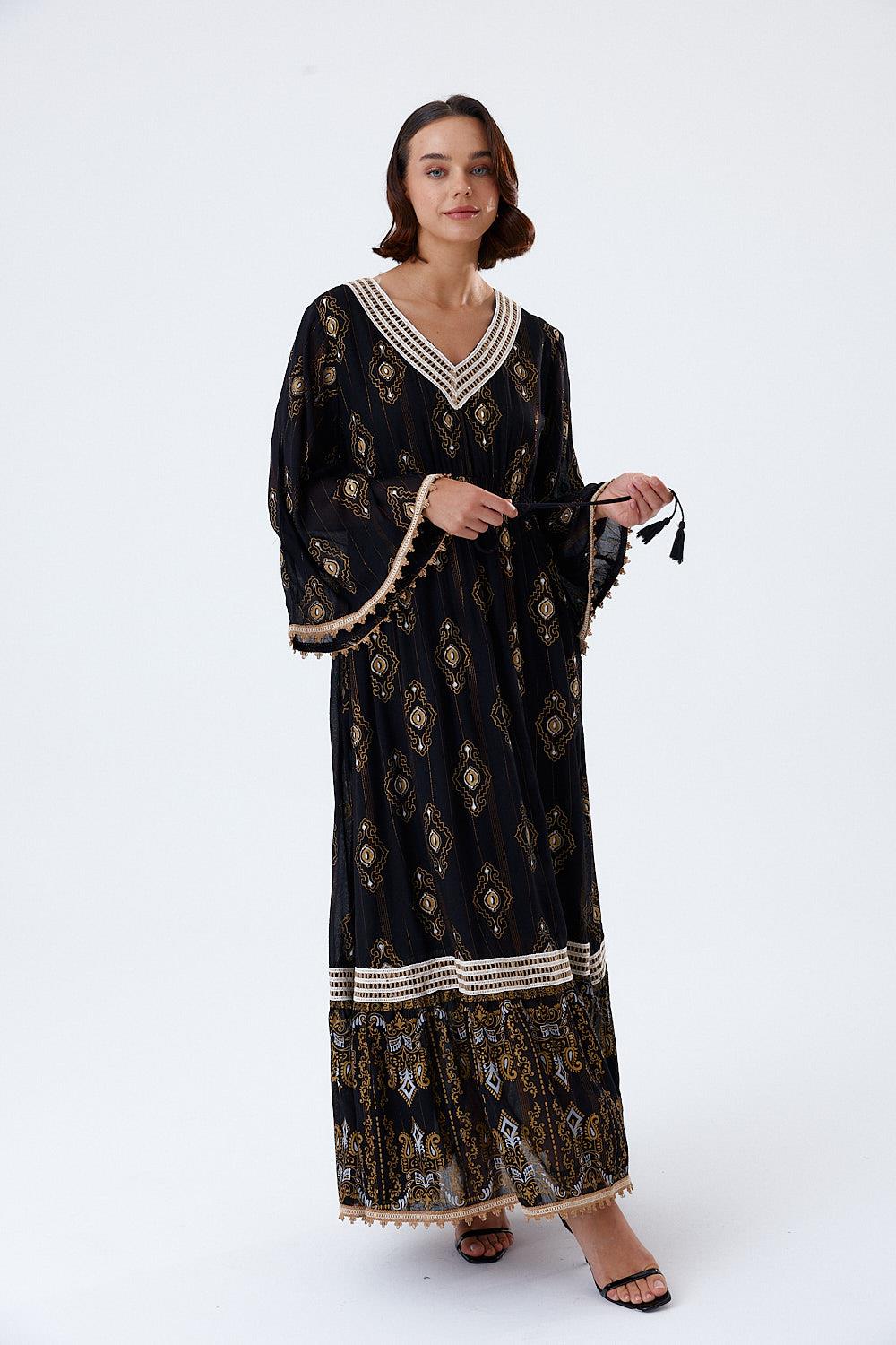 Ethnic Patterned Black Maxi Dress