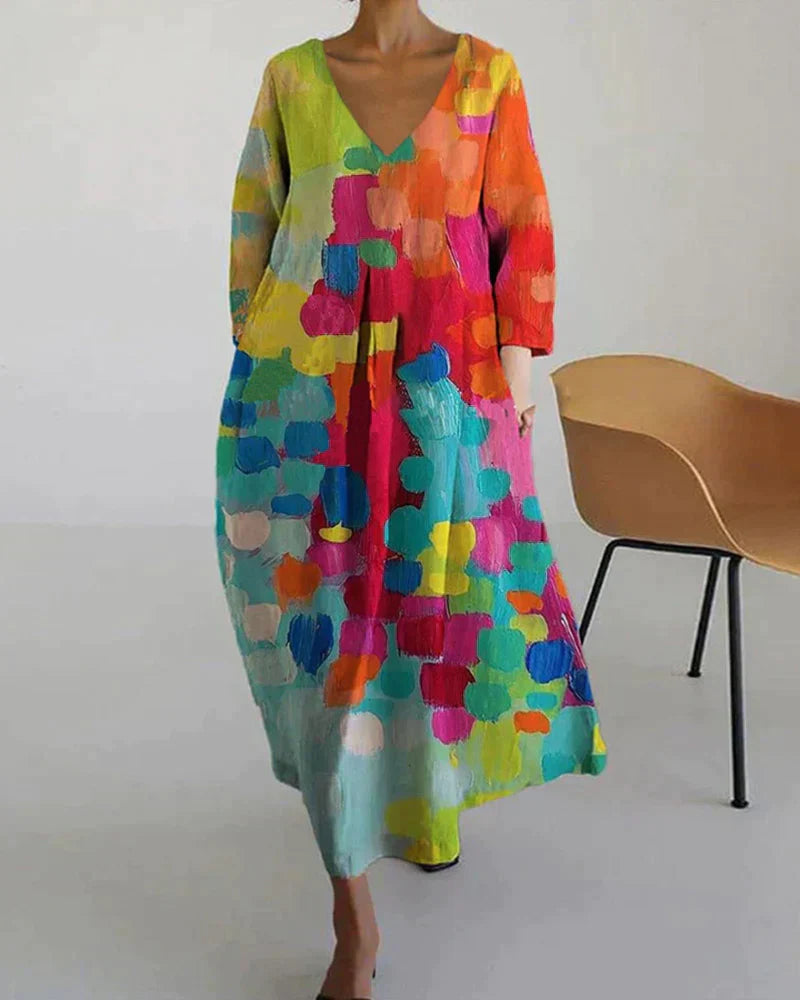 Anastasia | Vibrant Multicolored V-Neck Midi Dress