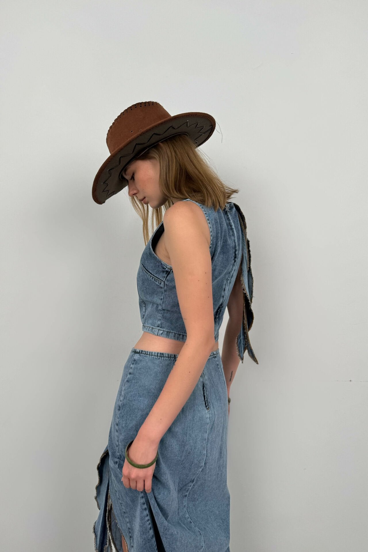 Ruffle Detail Light Blue Denim Blouse