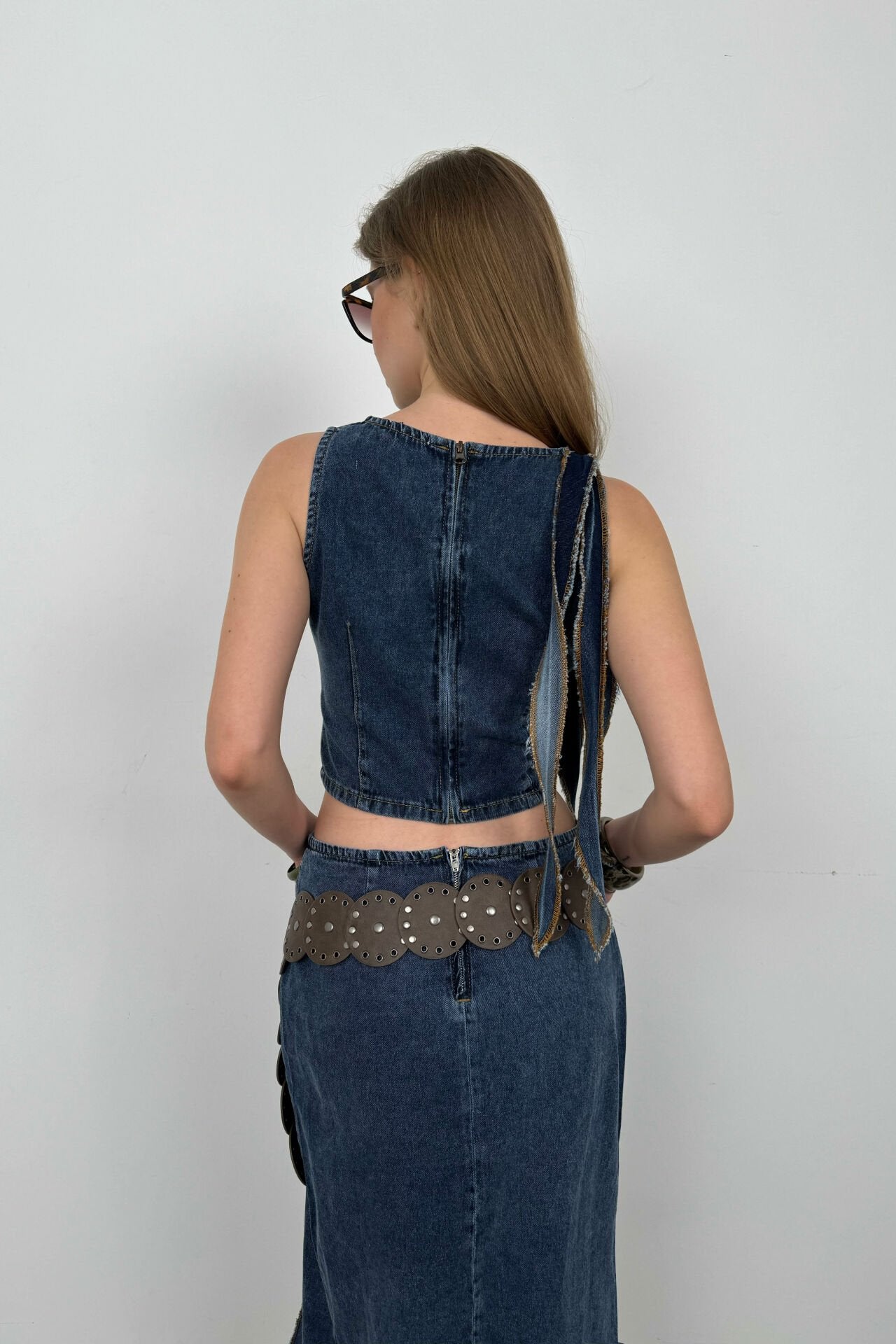 Rüschendetail Dunkelblaue Denim-Bluse