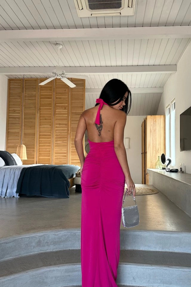 Backless Rose Detailed Fuchsia Maxi Dress