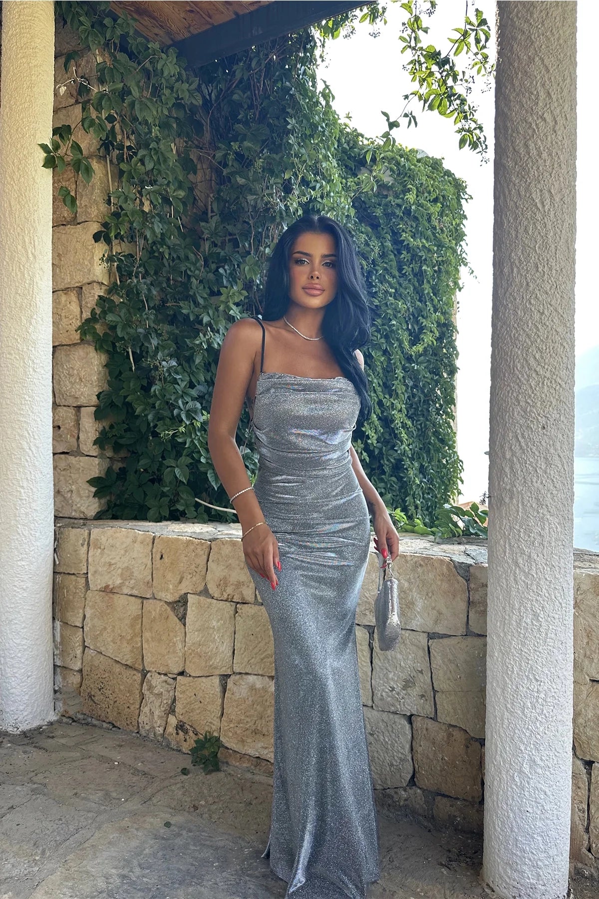 Shiny Gray Glitter Maxi Dress