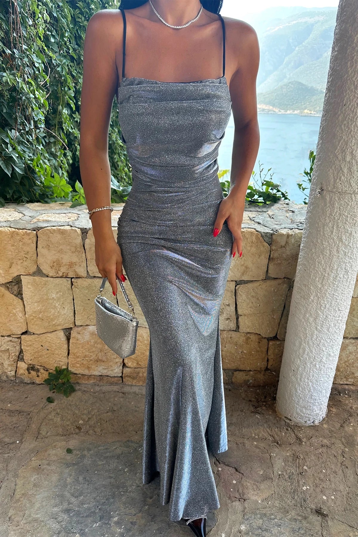 Shiny Gray Glitter Maxi Dress