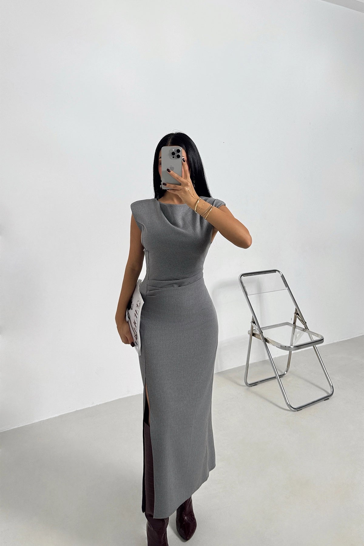 Crew Neck Slit Detail Gray Midi Dress