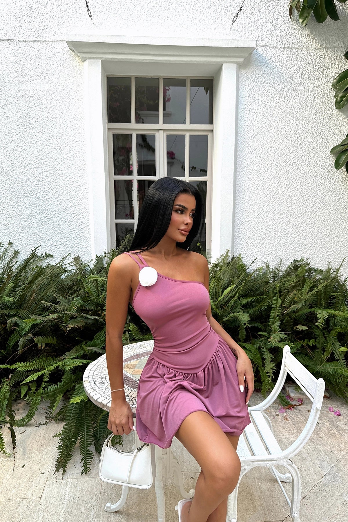 One-Shoulder Rose Detailed Dusty Rose Mini Dress