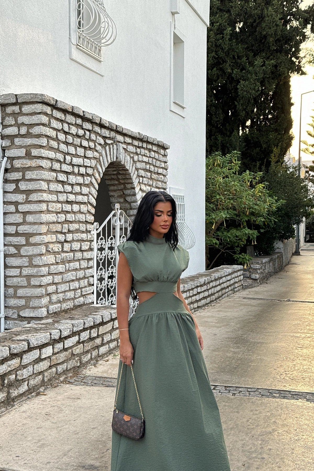 Cut-Out Detailed Khaki Maxi Dress