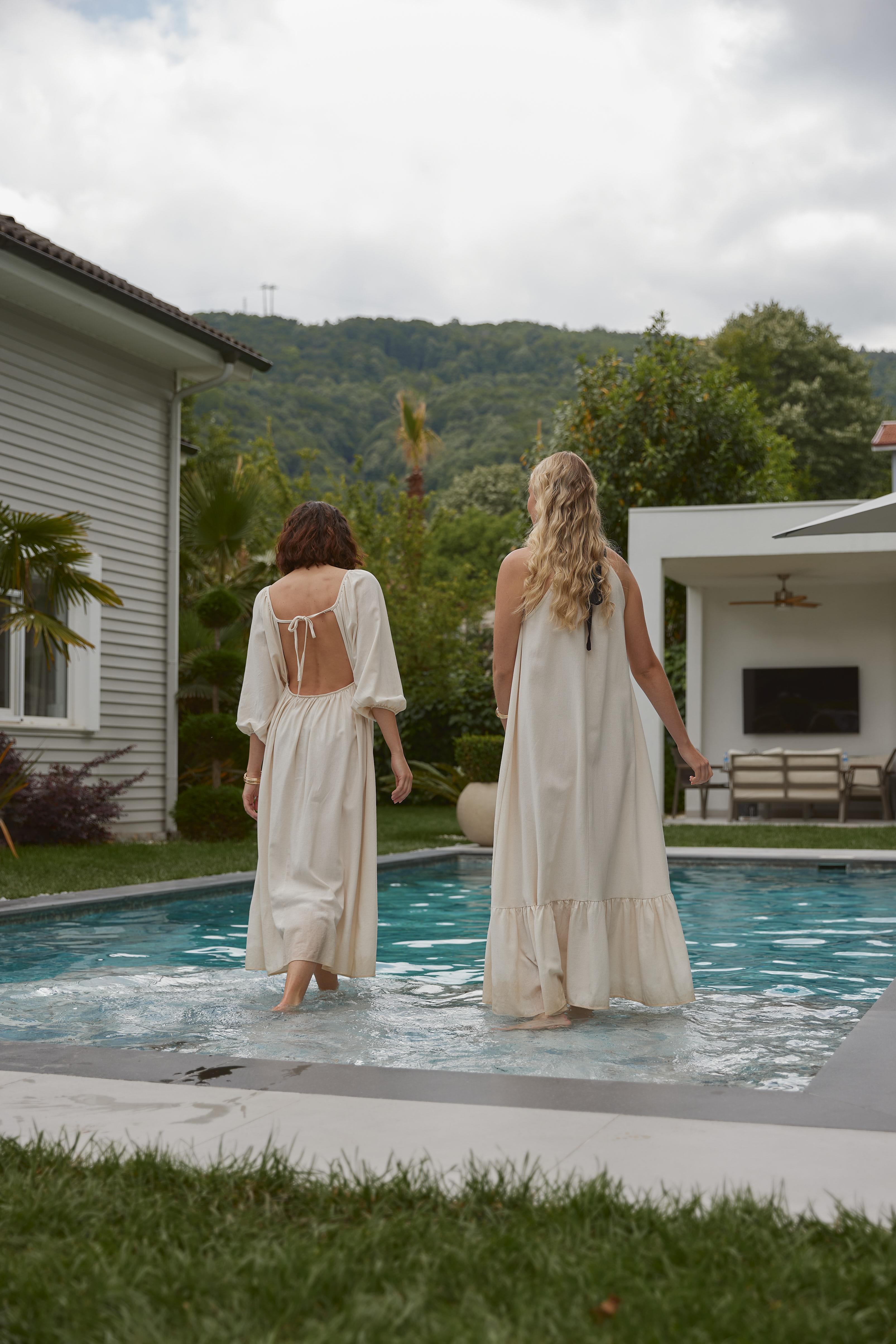 Halter Neckline White Maxi Dress with Black Straps