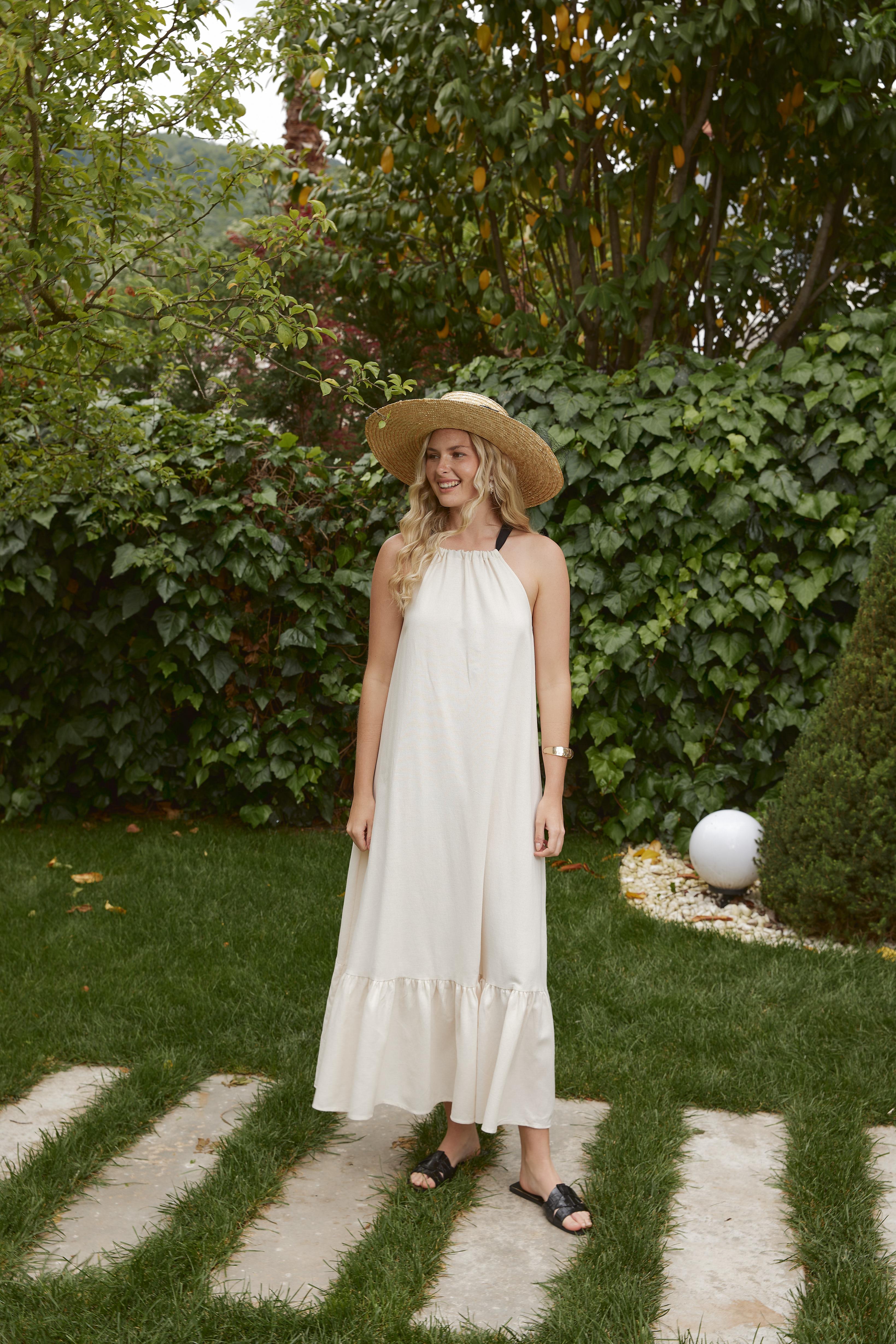 Halter Neckline White Maxi Dress with Black Straps