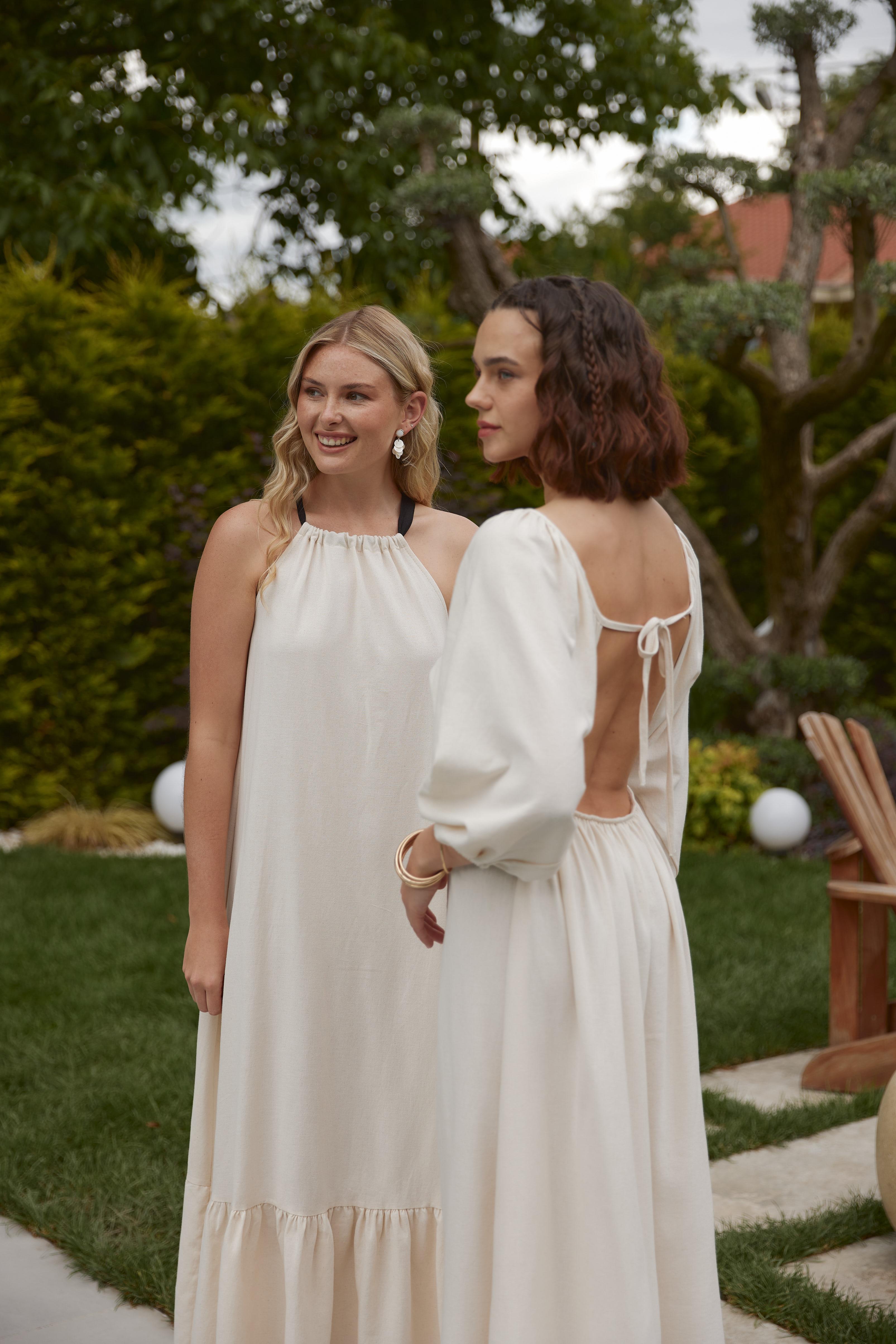 Halter Neckline White Maxi Dress with Black Straps