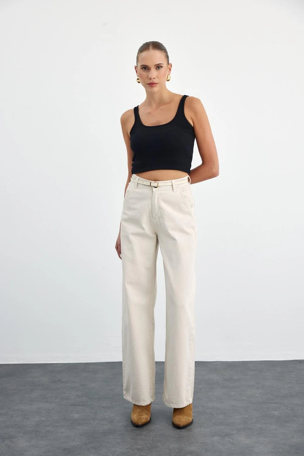 High Waist Wide Leg Beige Jeans for Women