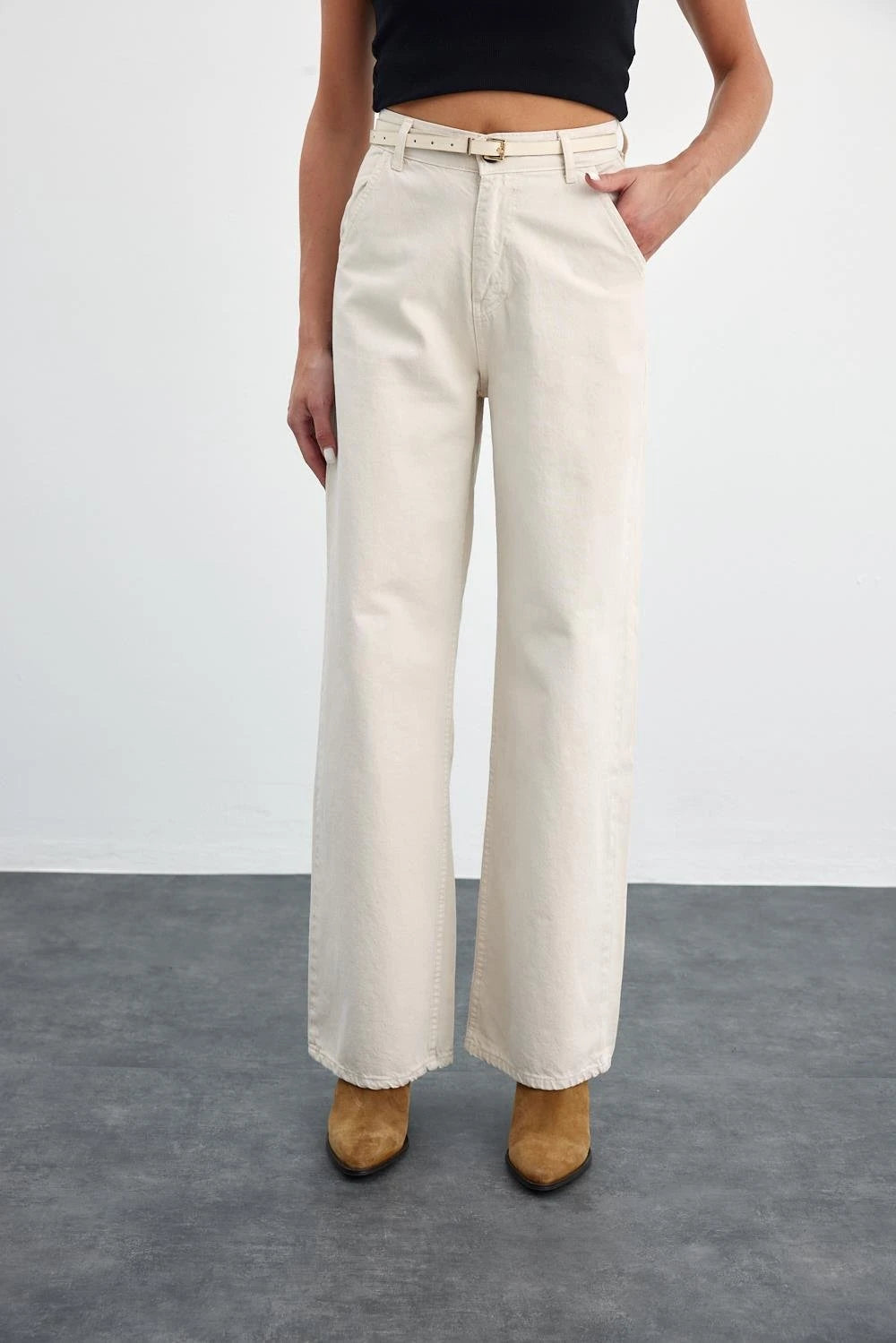 High Waist Wide Leg Beige Jeans for Women