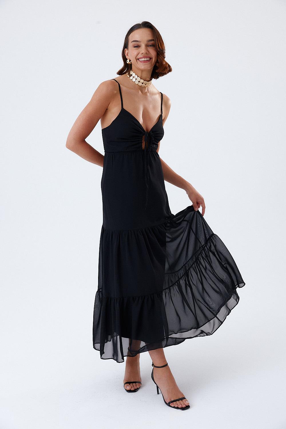 Rope Straps Black Maxi Chiffon Dress