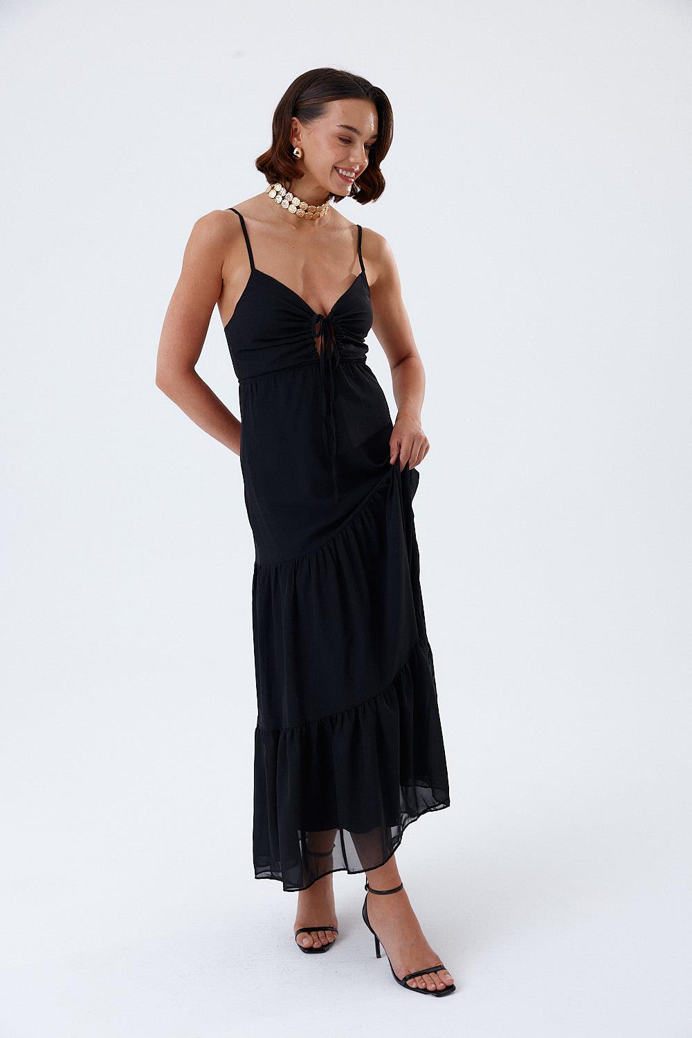 Rope Straps Black Maxi Chiffon Dress