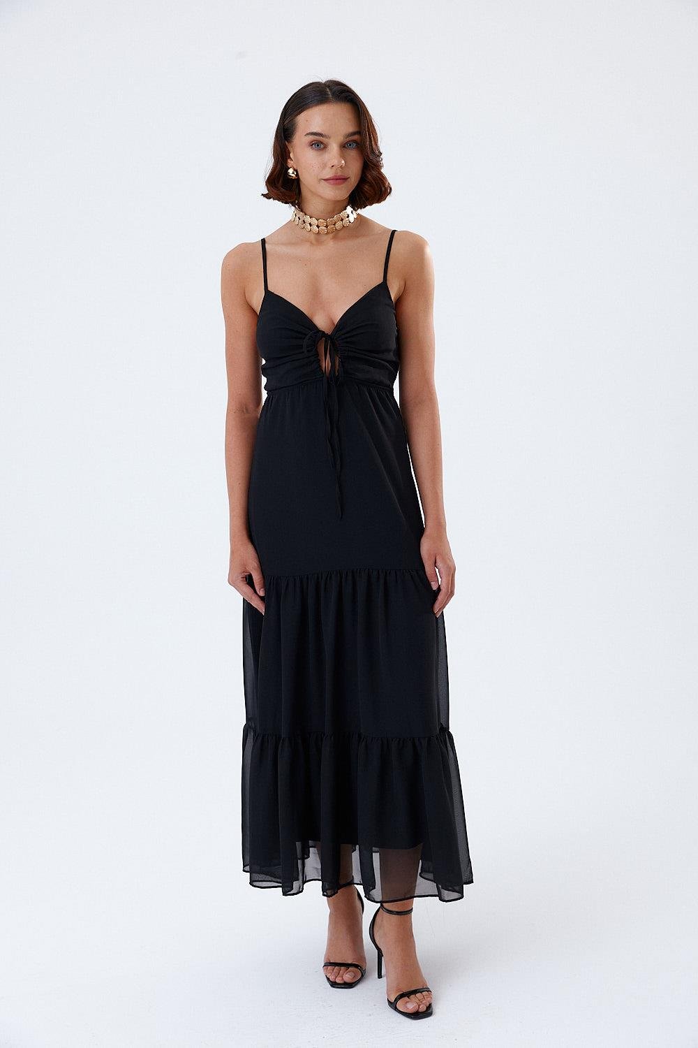 Rope Straps Black Maxi Chiffon Dress