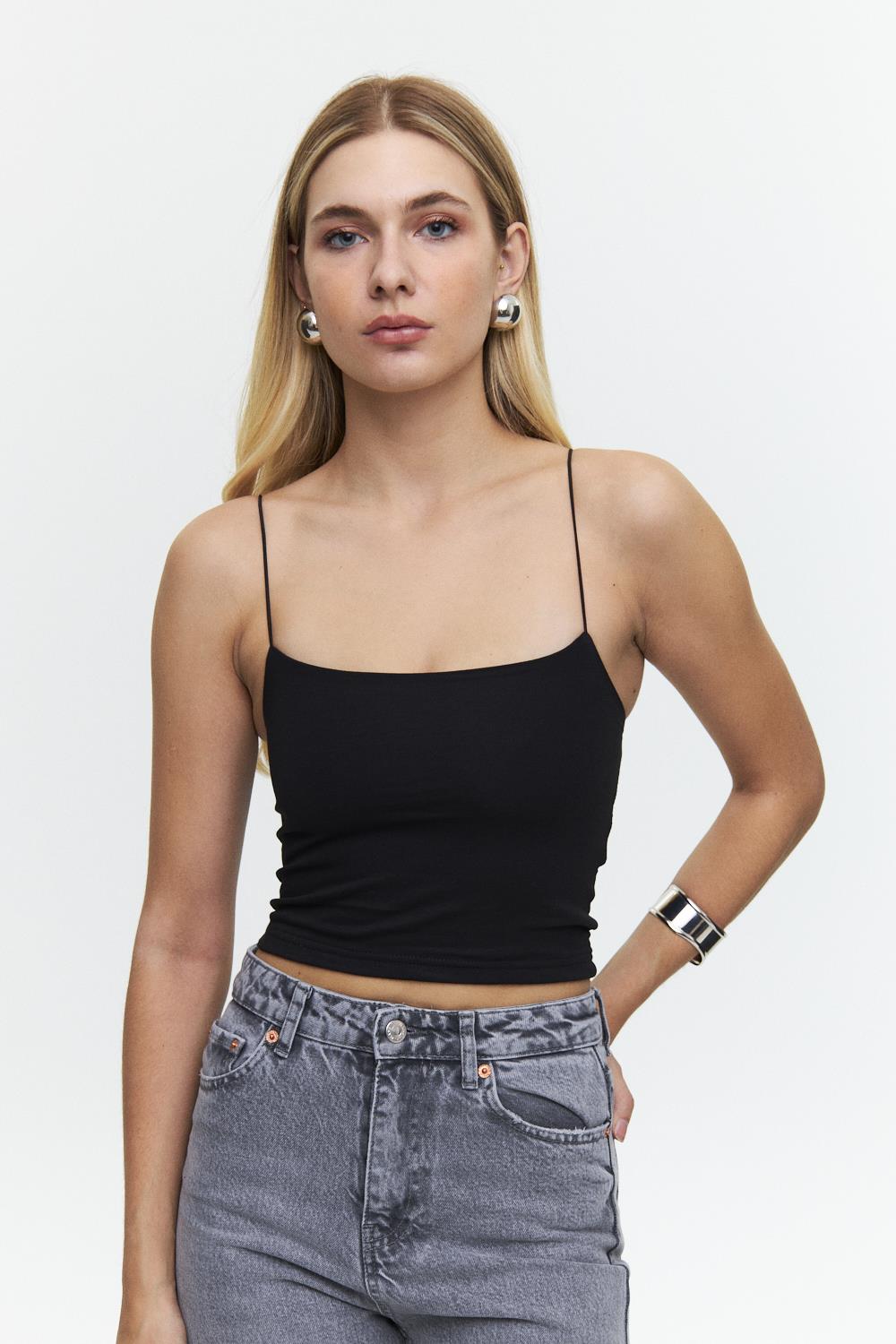 Schwarzes Crop-Top mit Seilriemen