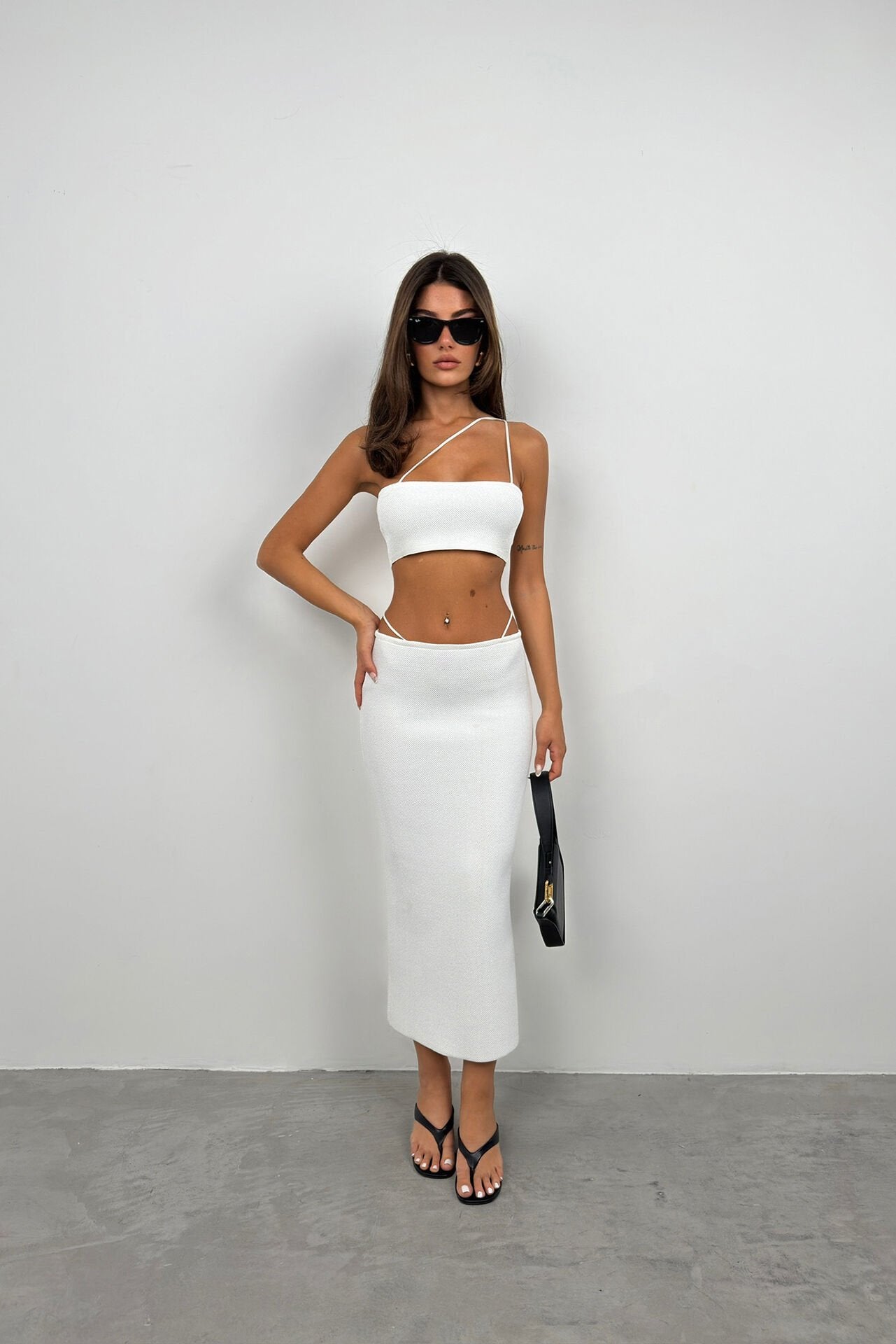 Textured Ecru Maxi Skirt with Rope Detail