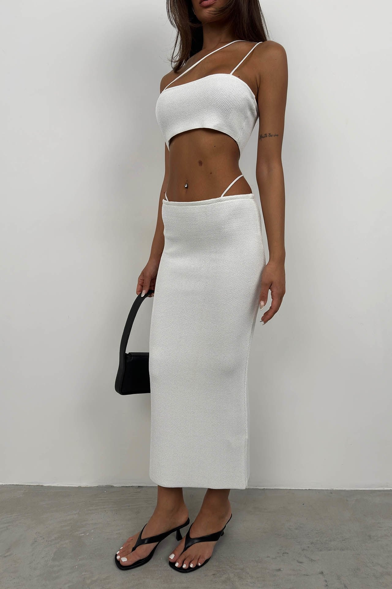 Textured Ecru Maxi Skirt with Rope Detail