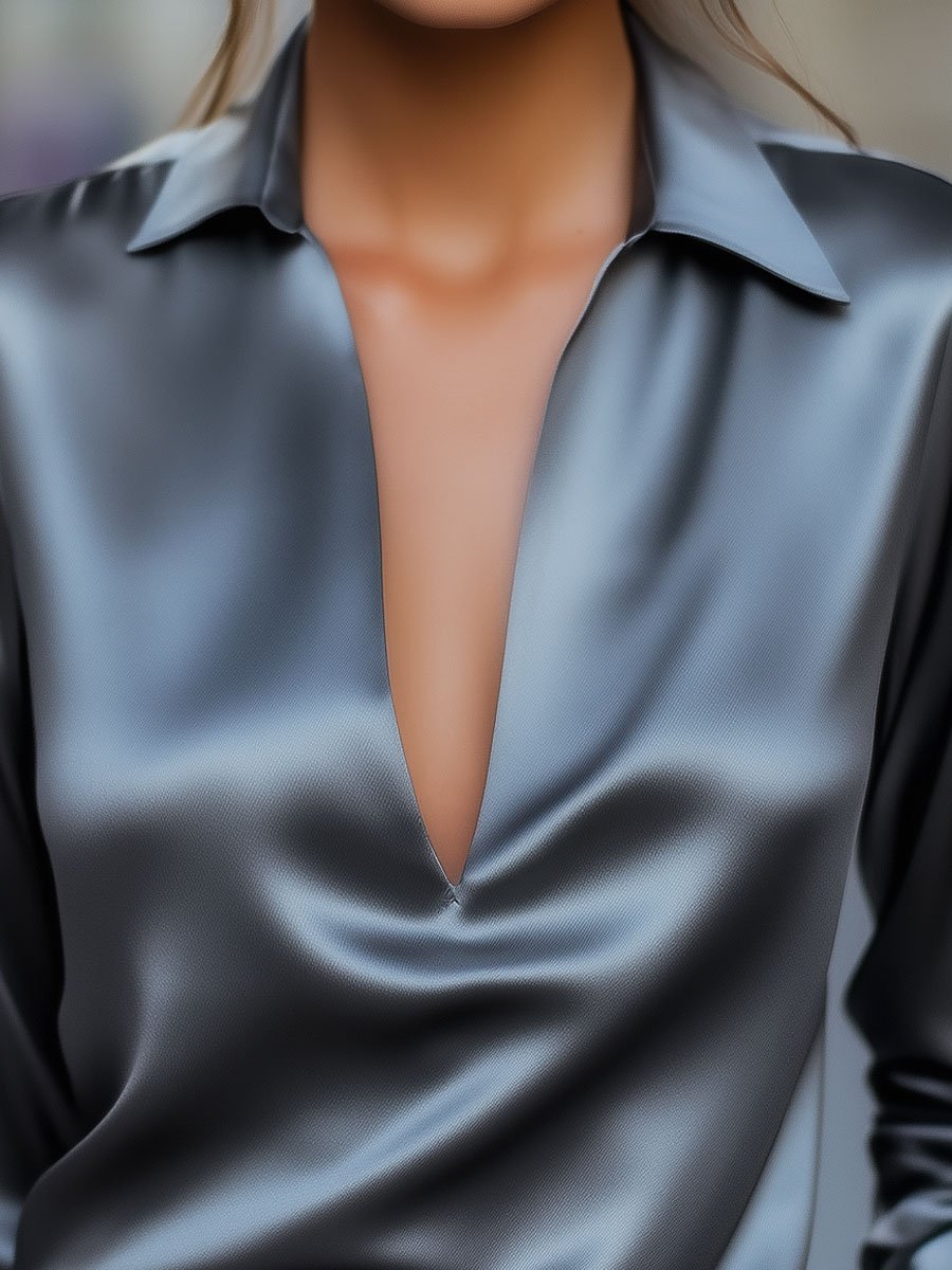 Silver | Luxurious Satin Blouse with V-Neck Design for Women