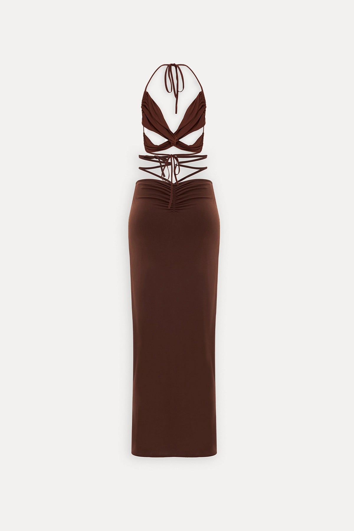 Halter Necklined Brown Maxi Skirt Set