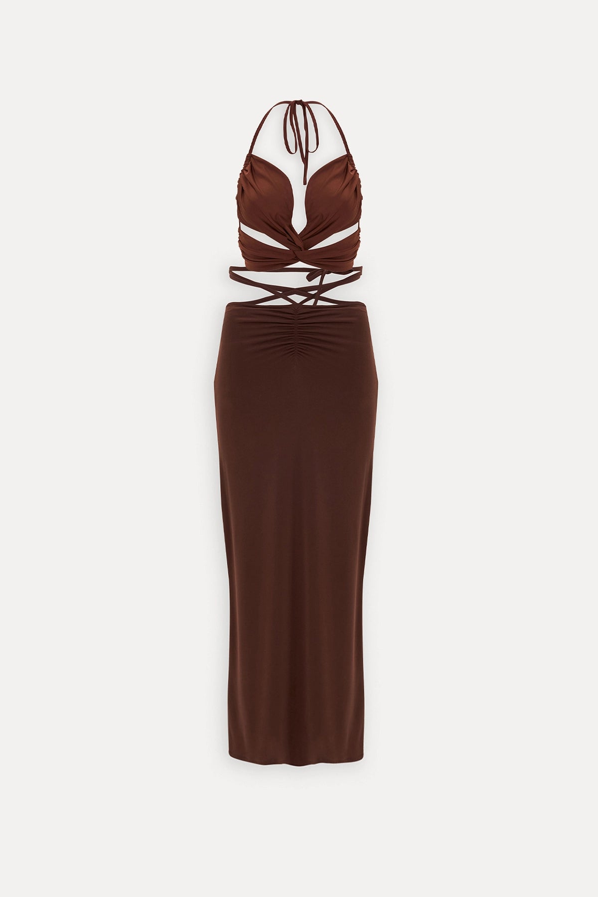 Halter Necklined Brown Maxi Skirt Set