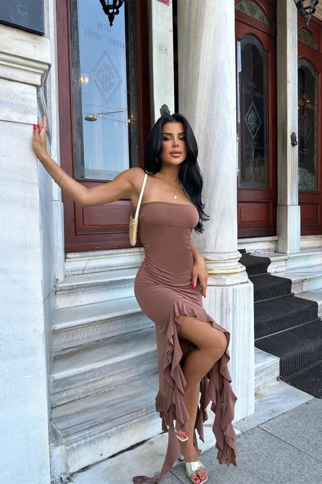 Off-Shoulder Asymmetrical Brown Ruffled Midi Dress